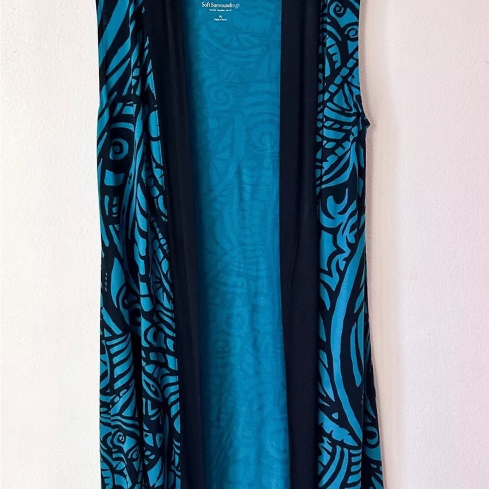 Soft Surroundings Womens Blue Patterned Sleeveless Open Front Cardigan Duster